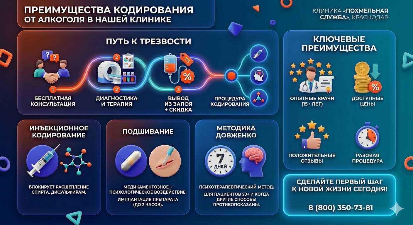 Инфографика о методах кодирования от алкоголя в Менделеевске: инъекции, подшивание, метод Довженко. Преимущества клиники и этапы лечения.